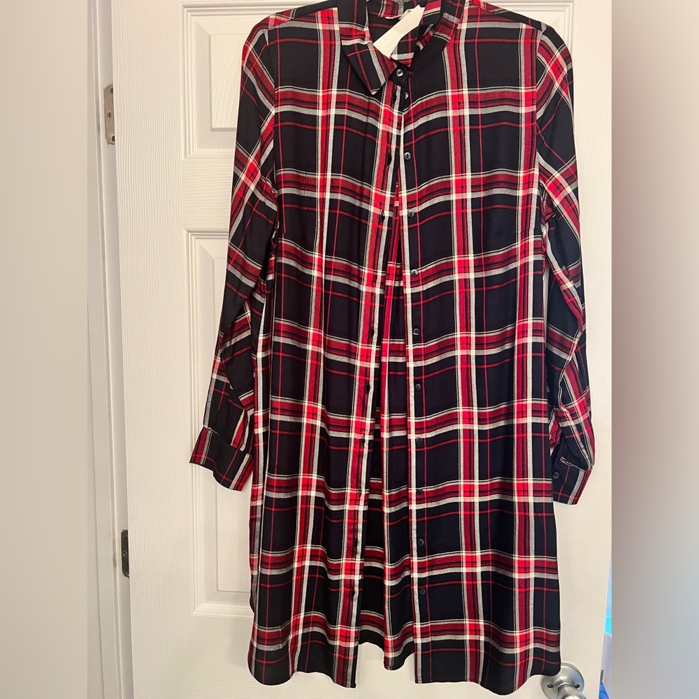 Cute never been worn button down red and navy blue plaid shirt/dress!!